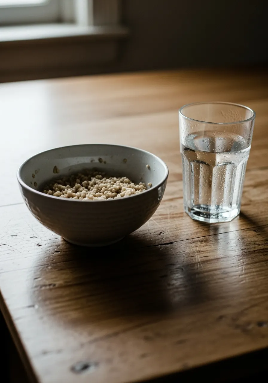 A half eaten bowl of food and an untouched glass of water on a wooden kitchen table, used to illustrate the article on appetite changes in depression.